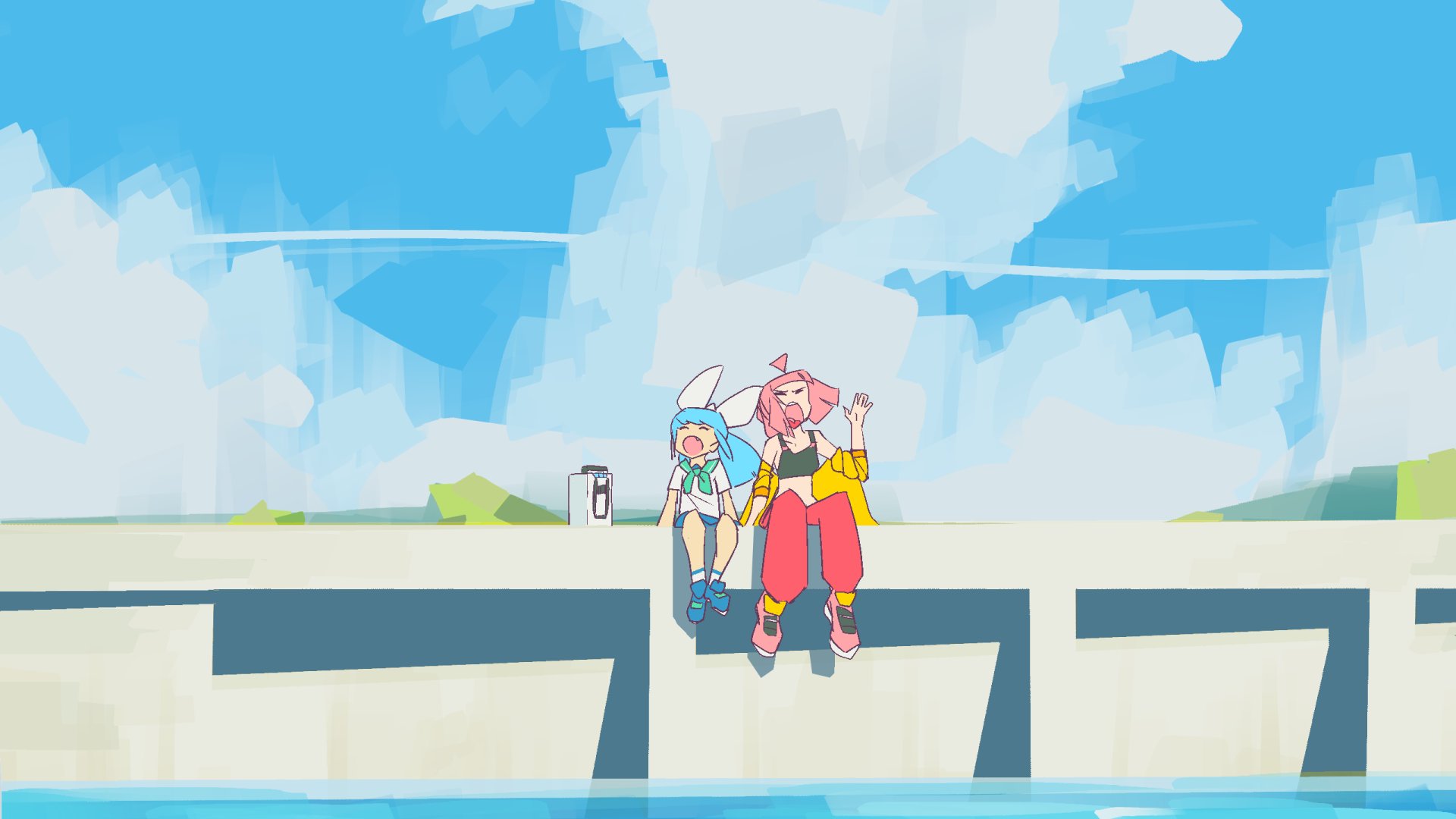 Beat and Quaver sit by the water